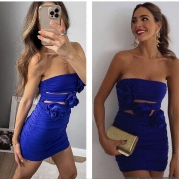 New Zara Floral Rosette Cut Out Bluish Mini Dress Blogger Favorite Small - Picture 1 of 17